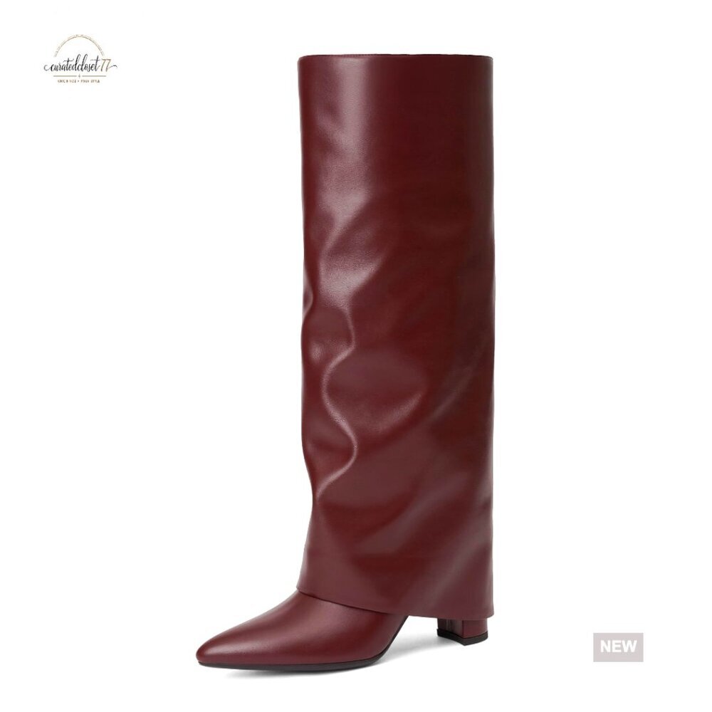 Knee High Boots with Chunky Heel Fold Over Design Zipper Closure